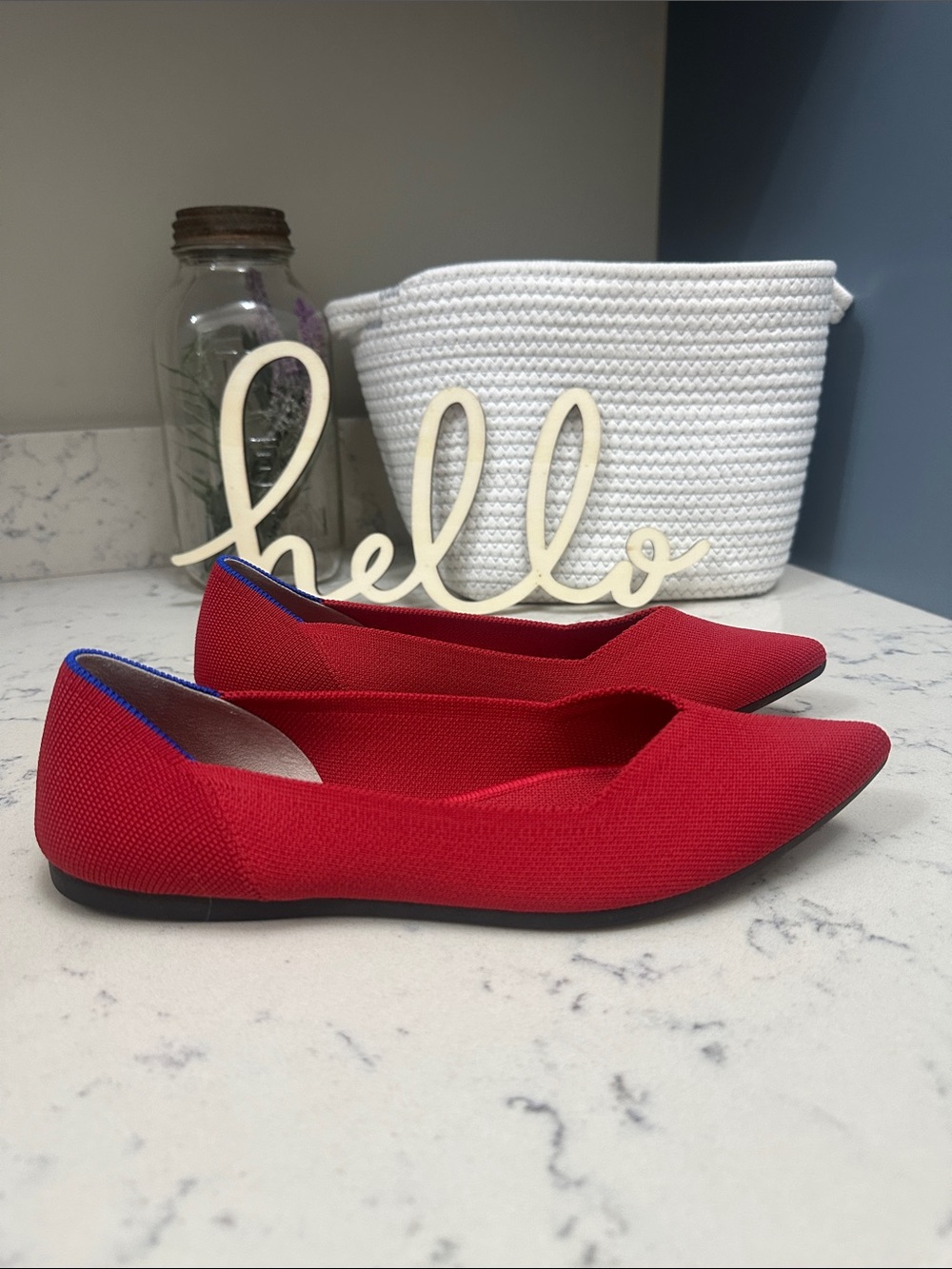 Rothy's Red Pointed Knit Flats with Blue Heel Trim - Picture 4 of 5